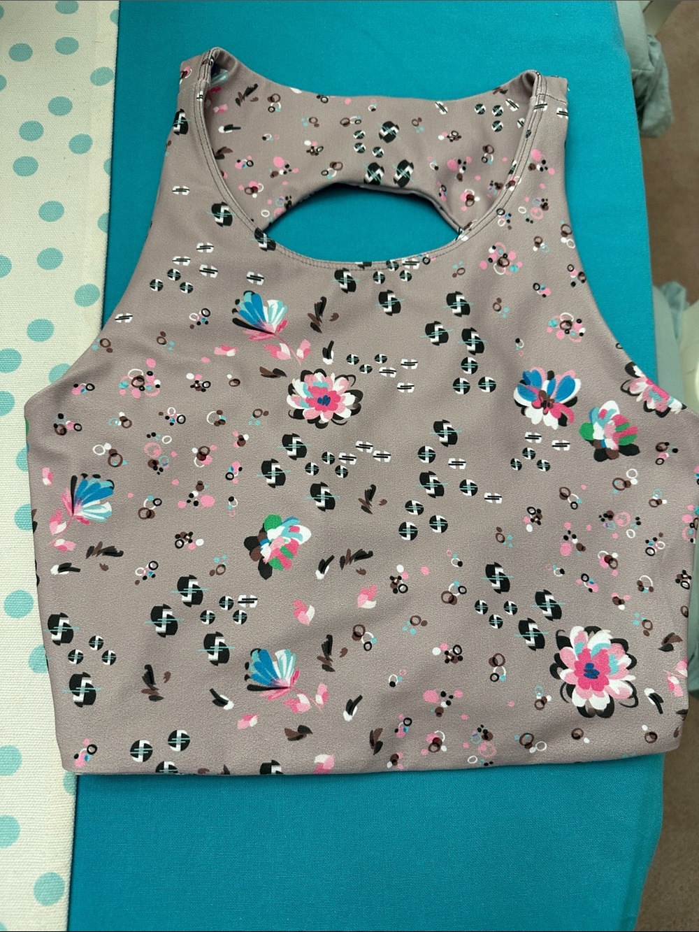 BECCO Taupe Floral Racerback Crop Top with Pink and Teal Accents